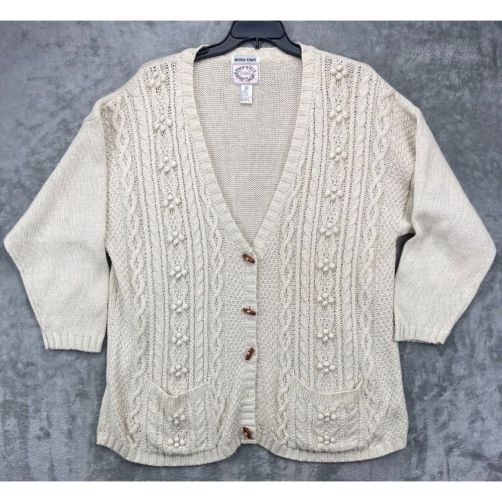 VTG Erika II Women's Hand Knit Cardigan Sweater 3X Cream‎ Ramie/Cotton Blend